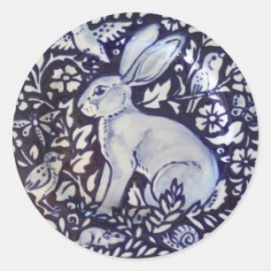 Rond Bleu blanc lapin Oiseau Floral Sticker Dedham Navy