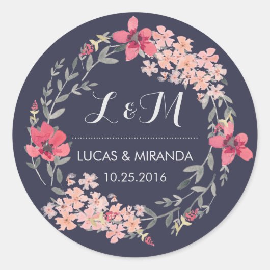 Rond Bleu et rose fleuri Wreath Wedding Favor Sticker (Devant)