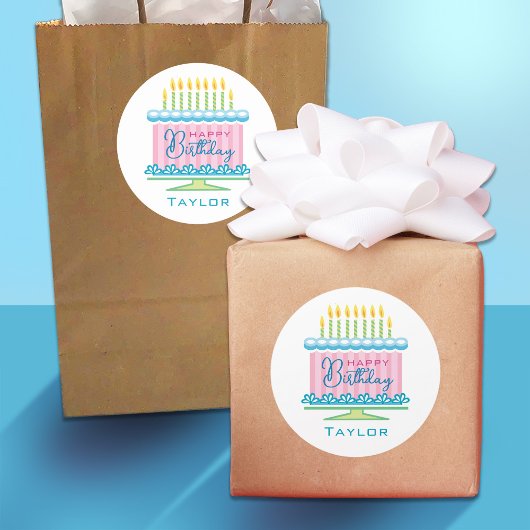 Rond Bleu rose Nom Sticker de gâteau d'anniversaire