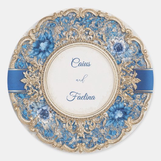Rond Bleu Ruban Victorien Floral Mariage Sticker (Devant)