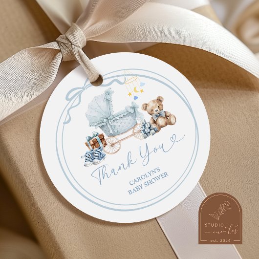 Rond Blue Bow Carriage Baby Shower Thank You Sticker