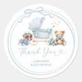 Rond Blue Bow Carriage Baby Shower Thank You Sticker (Devant)