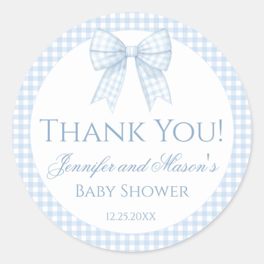 Rond Blue en vichy bow bébé garçon douche merci sticker (Devant)