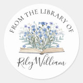 Rond Blue Flowers Grow From Book Bookplate Sticker (Devant)
