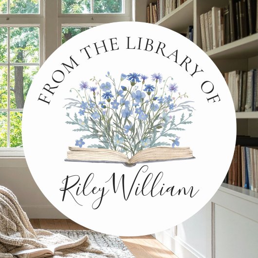 Rond Blue Flowers Grow From Book Bookplate Sticker