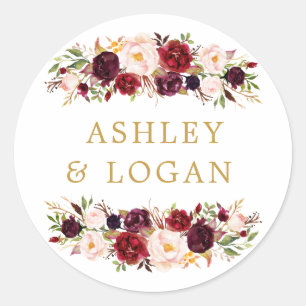 Rond Burgundy Marsala Floral Wedding Favor Sticker