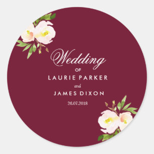 Rond Burgundy Moderne Floral Élégant Sticker Mariage