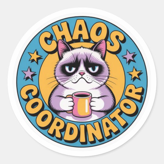 Rond Chaos Coordinator Cat Sticker - Funny Grumpy Coffe (Devant)