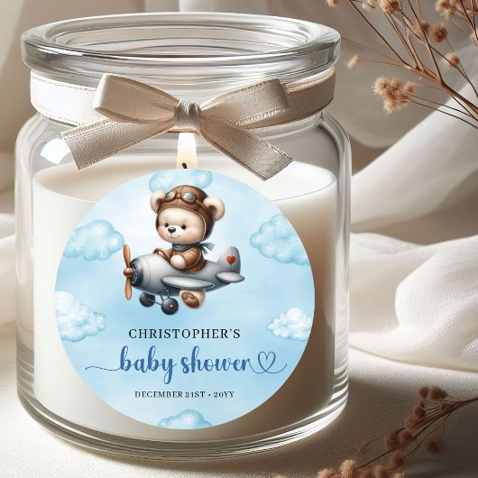 Rond Charming Boy Baby Shower Sticker Teddy Bear Pilot 