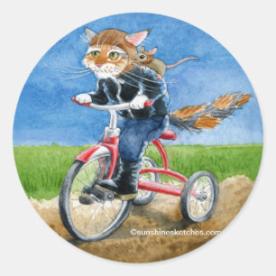 Rond Chat mignon sur tricycle caricature sticker