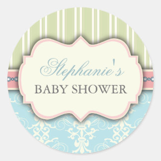 Rond Chic Damask & Stripe Baby shower Favoriser Sticker