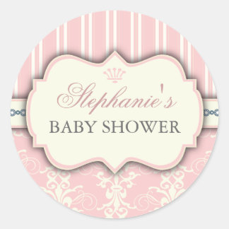 Rond Chic Damask & Stripe Baby shower Favoriser Sticker
