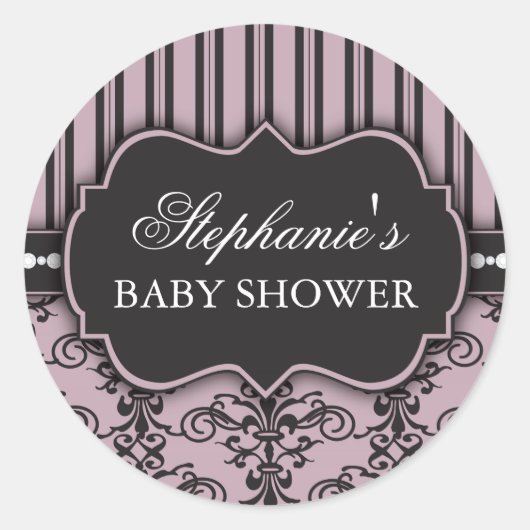 Rond Chic Damask & Stripe Baby shower Favoriser Sticker (Devant)