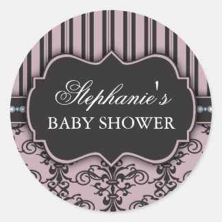 Rond Chic Damask & Stripe Baby shower Favoriser Sticker