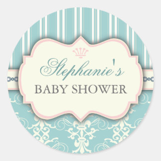 Rond Chic Damask & Stripe Baby shower Favoriser Sticker
