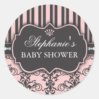 Rond Chic Damask & Stripe Baby shower Favoriser Sticker