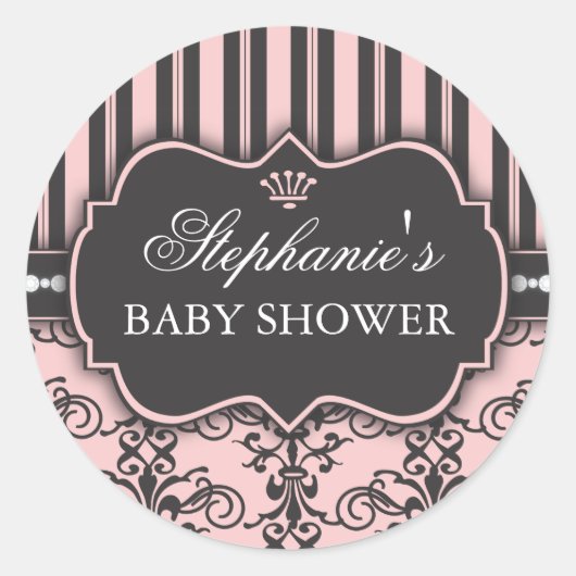 Rond Chic Damask & Stripe Baby shower Favoriser Sticker (Devant)