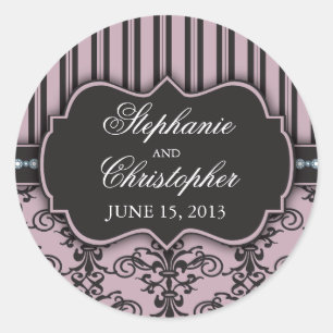 Rond Chic Damask & Stripe Wedding Favor Sticker