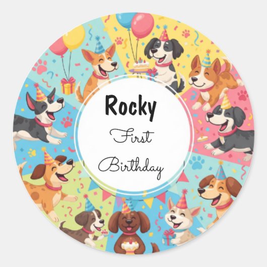 Rond Chiens mignons Anniversaire Fête Favoriser Sticker (Devant)