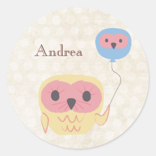 Rond Chouette mignonne avec ballons Sticker de nom pers