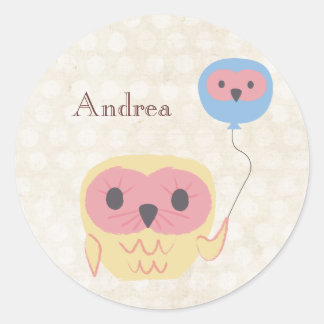 Rond Chouette mignonne avec ballons Sticker de nom pers