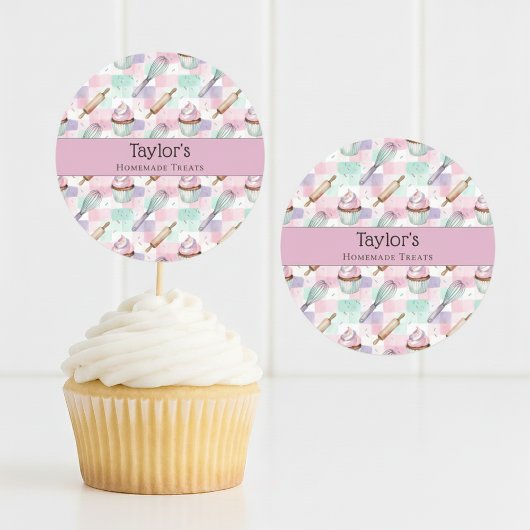 Rond Custom Pastel Cupcake Topper Name Sticker Sheet