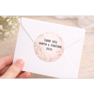 Rond Custom Pink Floral Wedding Thank You Sticker