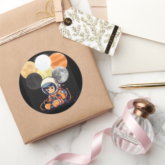 Rond Cute Astronaut and Planets Sticker (Cadeaux)