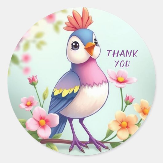 Rond Cute Blue Pink Bird Floral Sticker (Devant)