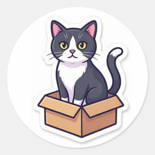 Rond Cute Cat In Cardboard Box Sticker Funny Cat (Devant)