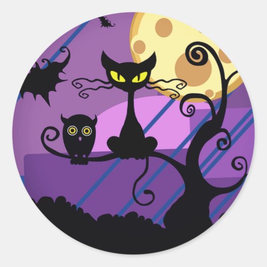 Rond Cute Halloween Chat/Chouette noire & Sticker Arbre (Devant)