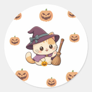 Rond Cute Halloween Witch Cat Sticker