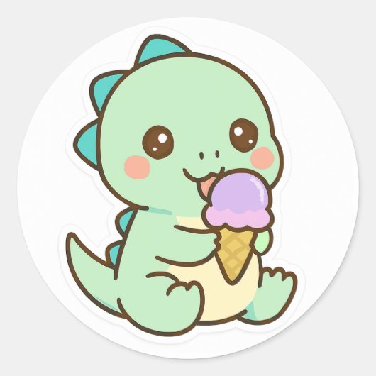 Rond Cute Kawaii Baby Dinosaur Eating Ice Cream Sticker (Devant)