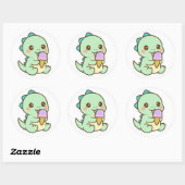 Rond Cute Kawaii Baby Dinosaur Eating Ice Cream Sticker (Feuille)