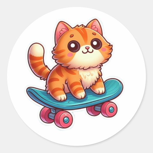 Rond Cute Kawaii Ginger Cat on Skateboard Sticker ✨🐾🛹 (Devant)