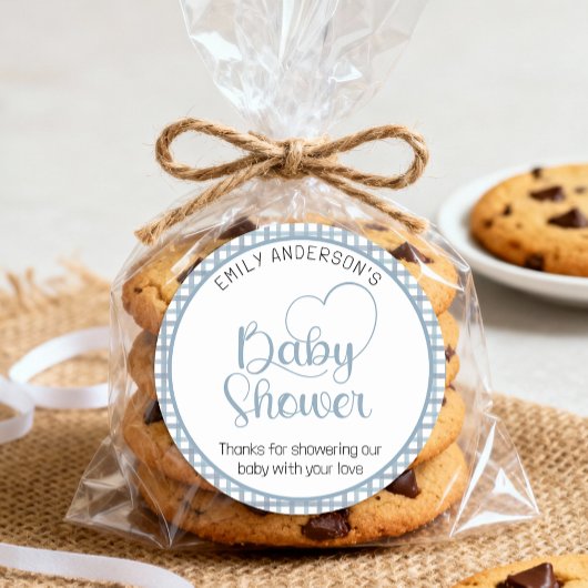 Rond Dusty Blue Gingham Baby Shower Favor Sticker
