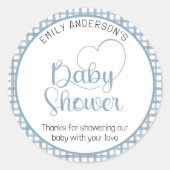 Rond Dusty Blue Gingham Baby Shower Favor Sticker (Devant)