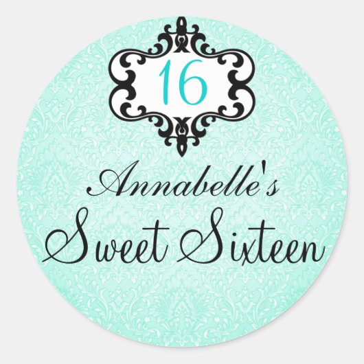 Rond Élégant Aqua & Black Chic Damask Sweet 16 Sticker (Devant)