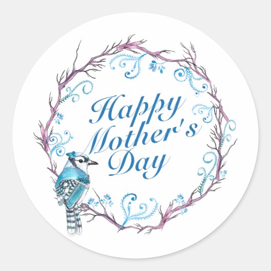 Rond Élégant Happy Mère's Day Bleu Wreath Sticker (Devant)