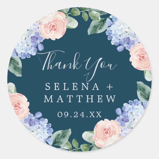 Rond Élégant Merci Favor Sticker Hydrangea Navy (Devant)