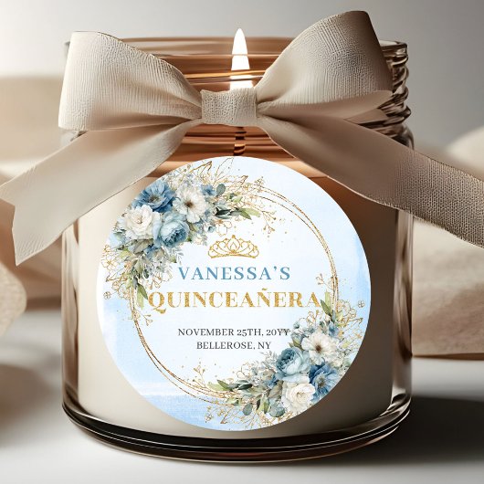 Rond Elegant Quinceañera Sticker Blue Gold Greenery