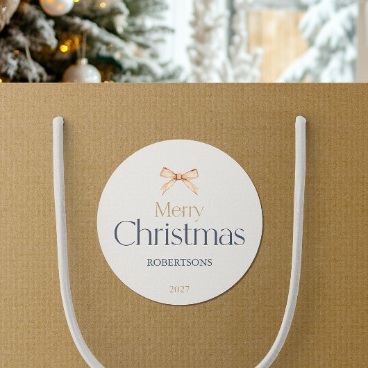 Rond Élégant Sticker de Noël Joyeux avec Bow Or