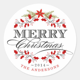 Rond Élégant Sticker Holly Wreath Red & White