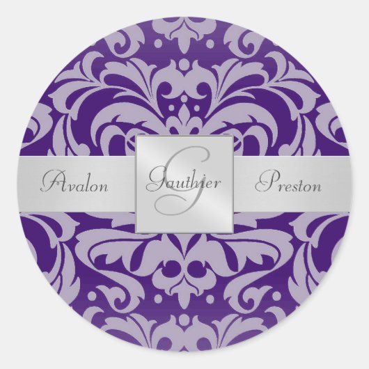 Rond Élégant Sticker Mariage de monogramme pourpre (Devant)