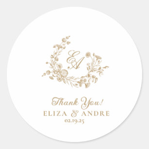 Rond Élégant Sticker Mariage Monogramme Or Floral