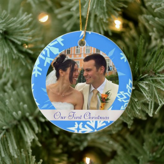 Rond En Céramique Blue Snowflake Notre premier ornement photo de Noë (Arbre)