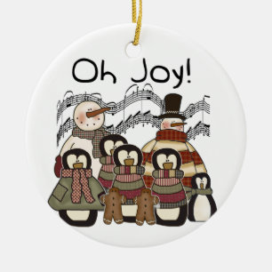 Rond En Céramique Ornement de joie de pingouins et de bonhommes de
