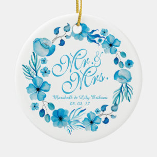 Rond En Céramique Ornement de M. et de Mme Floral Watercolor Wedding