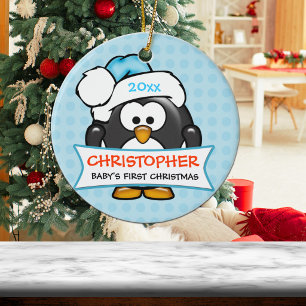Rond En Céramique Ornement de pingouin pour le premier Noël de bébé