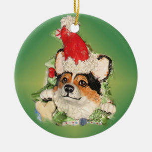 Rond En Céramique Ornement tricolore de corgi de Père Noël